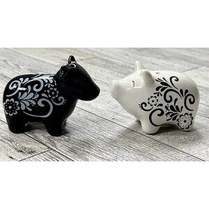 Black White Ceramic Farm Animal Salt Pepper Shakers Pig Cow Floral Design